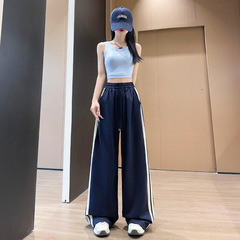 女性用スプライシングツーウェアスポーツワイドレッグパンツ、夏用薄手アメリカンスタイル、小柄な人向けのゆったりとしたストレートレッグハイウエストカジュアルパンツ