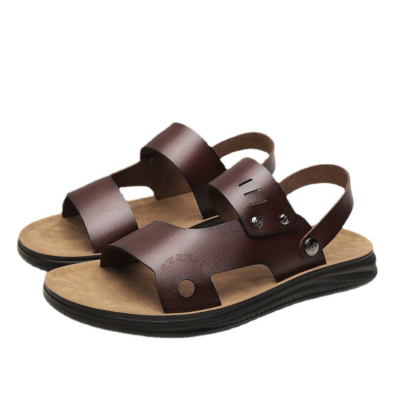 Dép sandal nam hở ngón quai ngang chất liệu da PU chống trơn trượt, size lớn đi ngoài trời và đi biển — Màu nâu, Màu đen