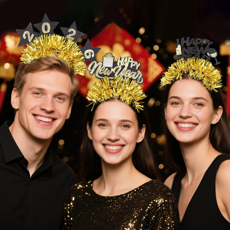 圣诞节新年装饰发箍New Year派对拍照氛围道具香槟高脚杯彩条头箍|undefined