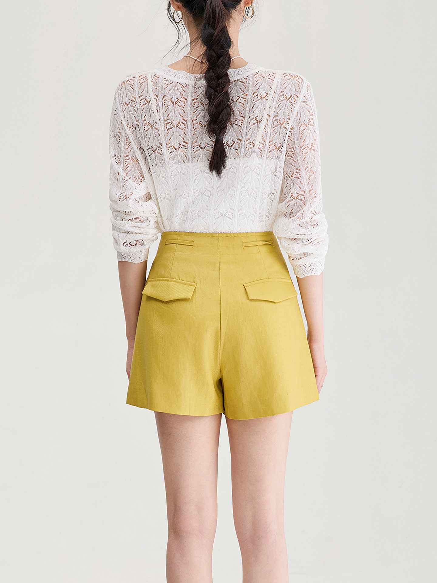Quần short nữ cạp cao dây buộc phong cách quốc phong rộng thùng thình đính cườm — Xanh lông mòng đen