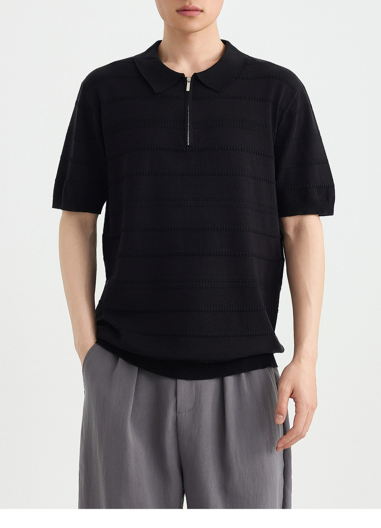 Áo polo nam tay ngắn cổ bẻ phối khóa kéo một nửa, chất liệu dệt kim hoa văn jacquard — đen chi tiết 28