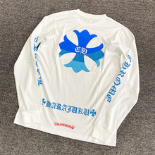 【正确版】同款Ch克罗伈渐变蓝色十字文LOGO白色男女款长袖T