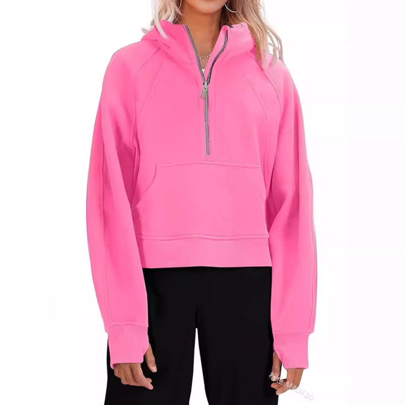 Cross-border European and American Amazon half Zipper fashion yoga sportswear thin velvet hooded tennis clothes casual pocket sweater