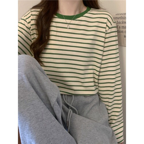 Women's Round Neck Long Sleeve T-Shirt 2025 Autumn Wear Loose Slimming Matchable Striped Base Shirt Casual Inner Layer Top
