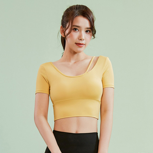 Women's Short-Sleeve Quick-Dry Breathable Yoga Top with Bra Cup, Fitted Running Training Hoodie T-Shirt for Summer