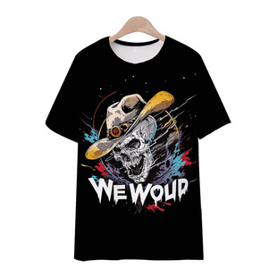 2024 Summer European and American Design Skull New Print Trendy Handsome T-Shirt Round Neck Slimming Look Top