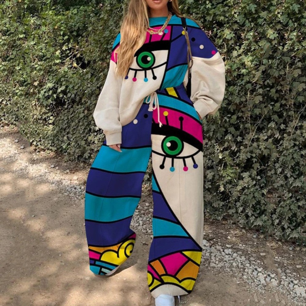 Conjunto de Sudadera Informal con Cuello Redondo y Estampado Holgado para Mujer, Estilo Europeo y Americano, Novedad de Comercio Exterior Transfronterizo para Otoño 2025
