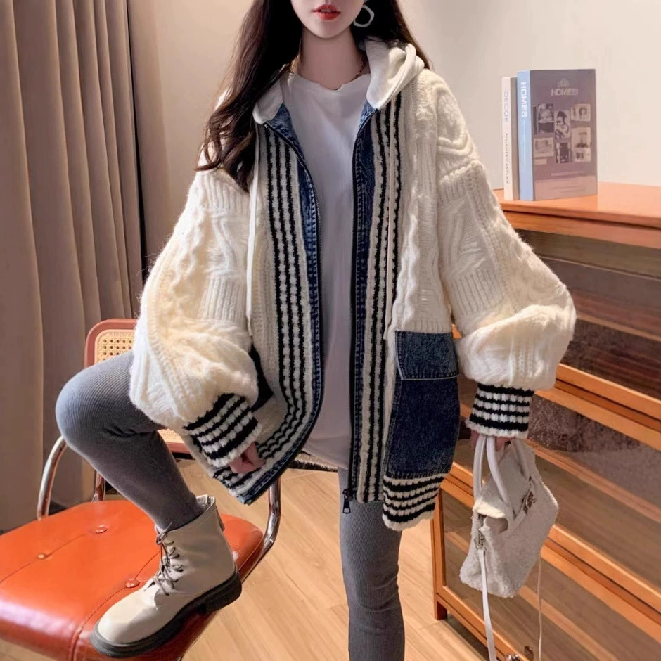 Осенний и зимний ковбой сшитый шерстяной трикотаж из двух частей кардиган куртка женский корейский ретро с капюшоном большой свитер толстый