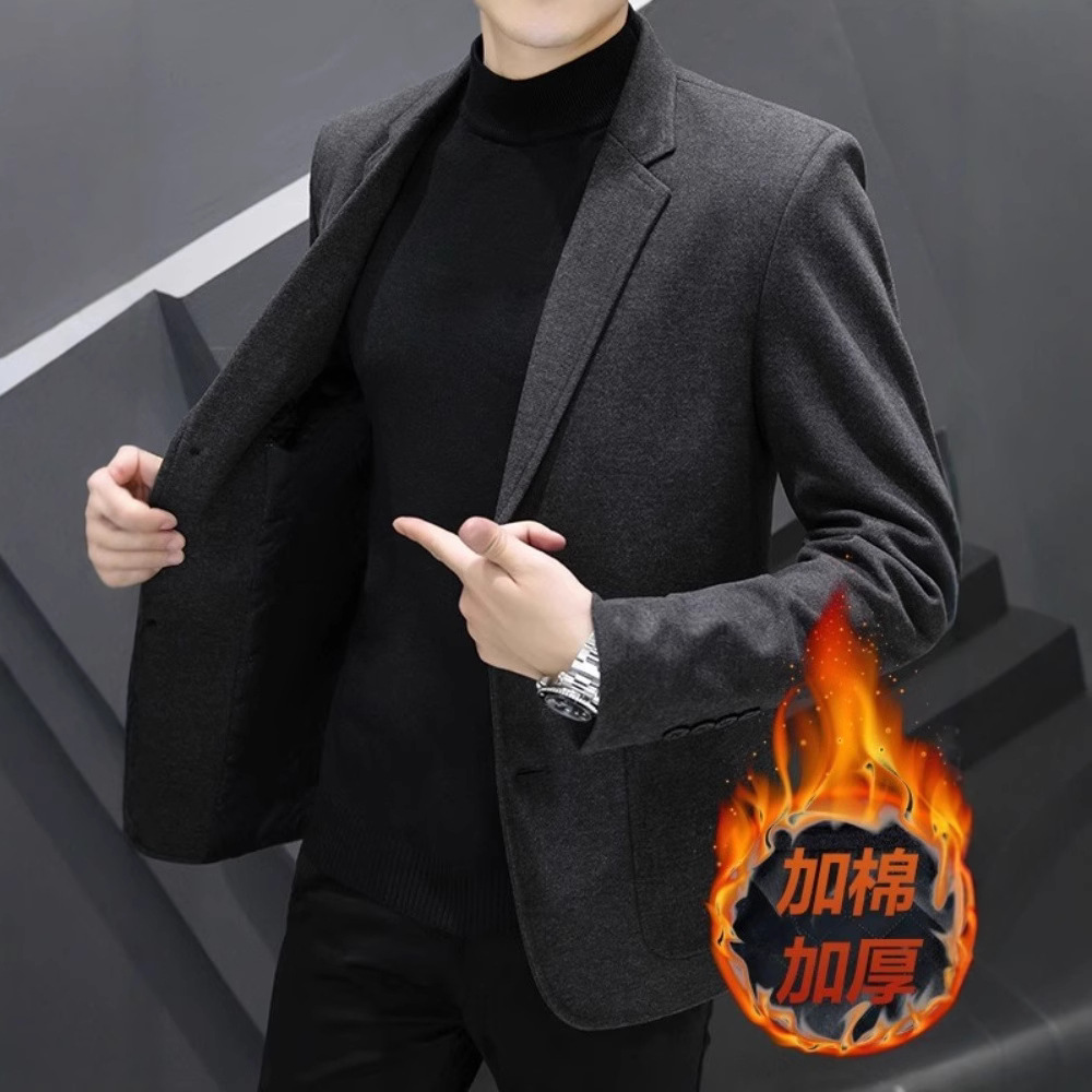 남자 세트 모직 세트 가을 겨울 모직 작은 세트 슬림핏 한국식 빛 럭셔리 따뜻한 누빔안감 재킷