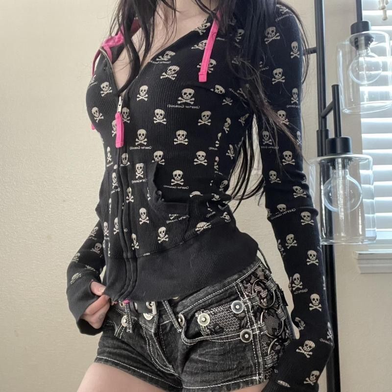 Y2K American Punk Black Skull Print Sweatshirt Jacket Female Sexy Contrasting Design Slim Zipper Hoodie Y2K American Punk Black Skull Print Sweatshirt Jacket Female Sexy Contrasting Design Slim Zipper Hoodie