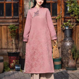 民族风棉麻旗袍女复古休闲2025冬季国风重工刺绣加绒提花裙子女