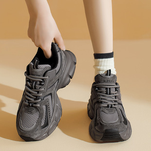 Augsiden Gray Dad Shoes for Women, 2025 Autumn New Thick-Soled Lightweight Fleece-Lined Sports Casual Shoes Ins