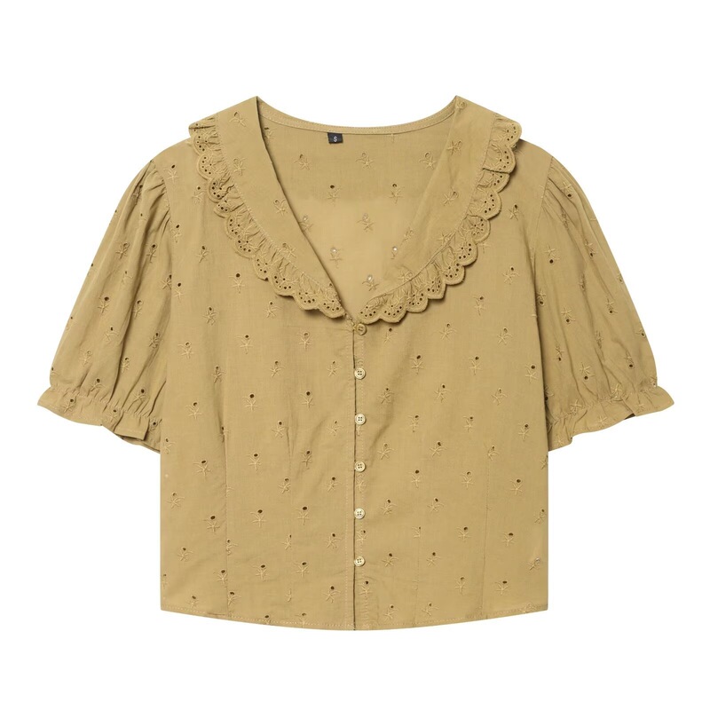 Foreign Trade Women's Clothing 2026 European and American Fashion Single-Breasted Lace-Decorated Lapel Embroidered Short-Sleeved Shirt for Women F5314 Foreign Trade Women's Clothing 2026 European and American Fashion Single-Breasted Lace-Decorated Lapel Embroidered Short-Sleeved Shirt for Women F5314