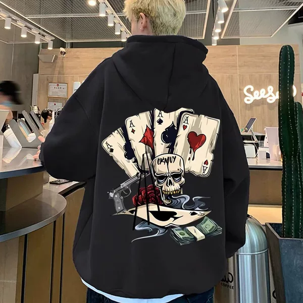 Trendy Brand Heavyweight Velvet Hooded Sweatshirt Men's Autumn and Winter New American Casual Loose Weird Skull Poker Print Jacket
