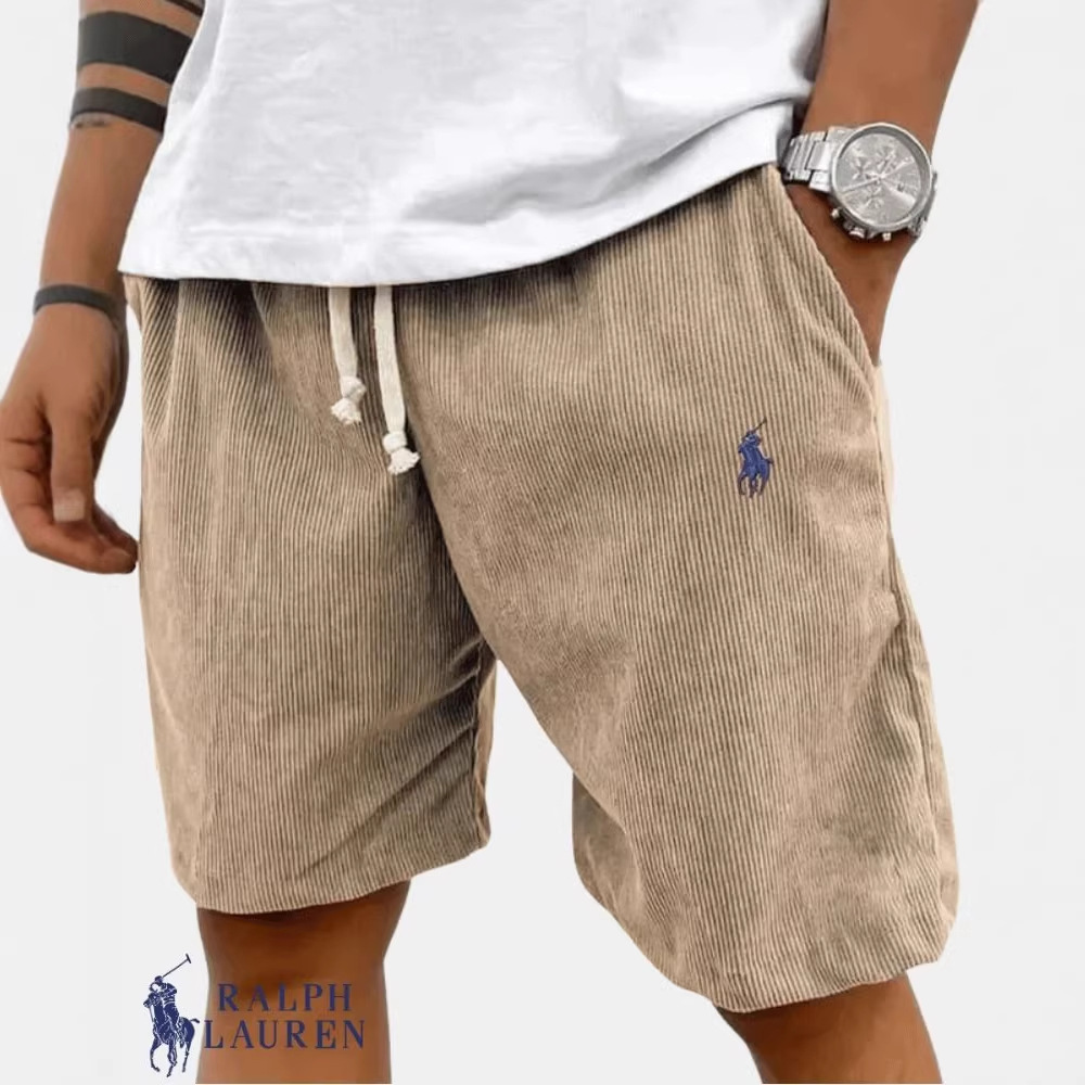 Men's Summer Corduroy Drawstring Casual Shorts with Lr Embroidery, Loose Retro Trendy Brand with Pony Logo