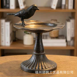 复古做旧铸铁小鸟高脚托盘 美式乡村荷叶花边收纳盘 庭院喂鸟器首