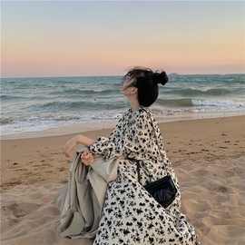 设计新款工装中长大衣女感韩版宽松翻领风衣秋圆领碎花连衣裙外套