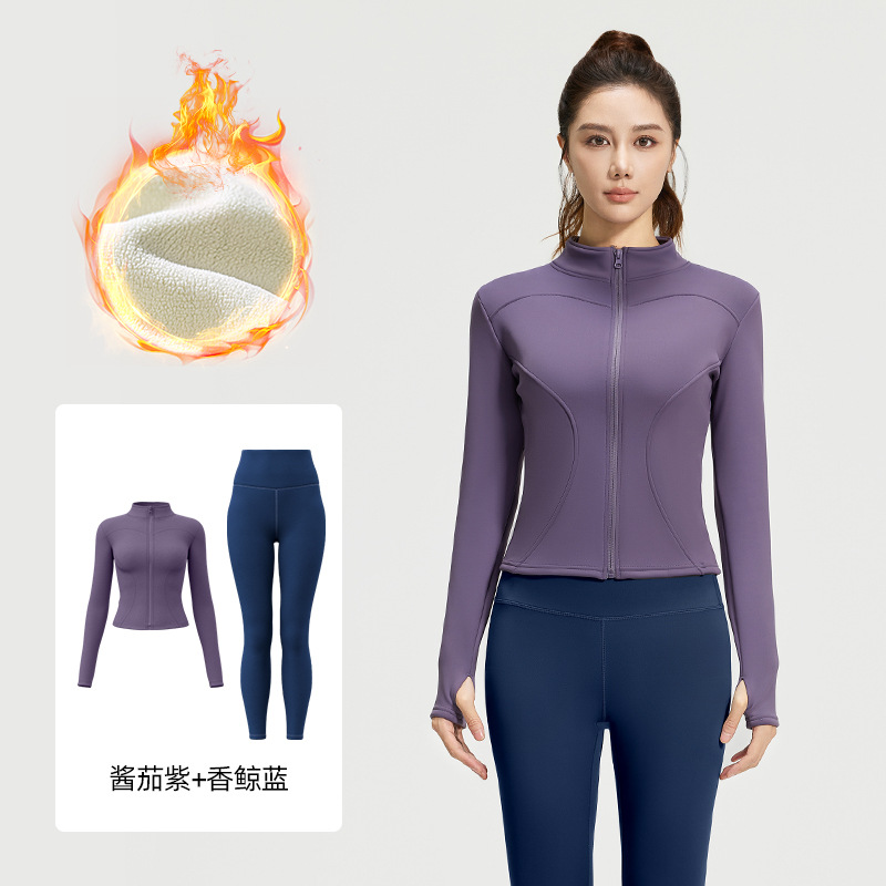 Juyi Tang otoño y invierno más terciopelo engrosado conjunto de ropa de yoga desnudo sensación delgada alta elástica a prueba de viento conjunto de acondicionamiento físico mujer