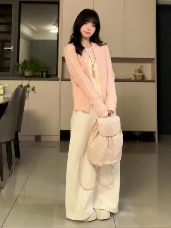 粉色假两件针织开衫女秋季新款软糯慵懒风高级感韩系穿搭毛衣外套|undefined