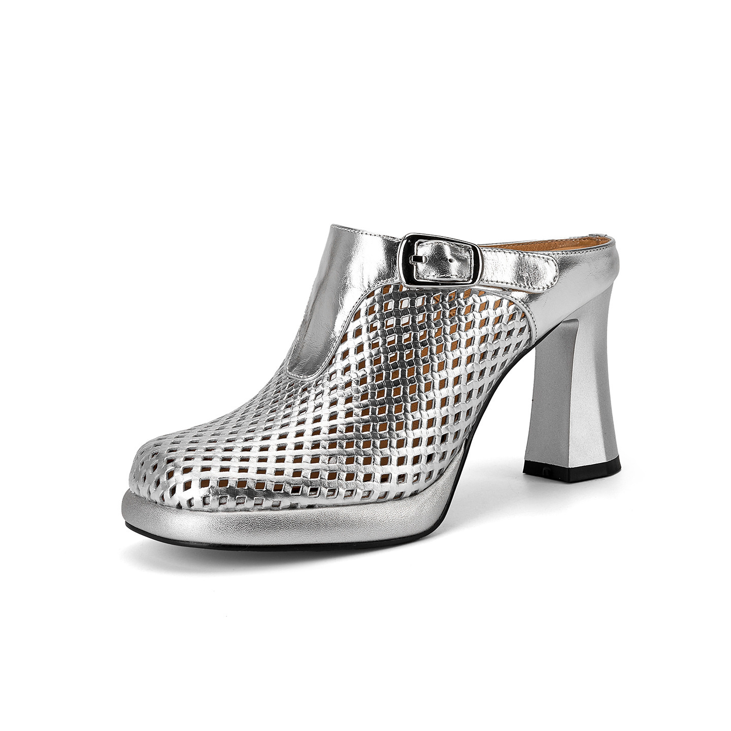 Sandal cao gót nữ mũi tròn đục lỗ, đế dày 8,5 cm, phong cách Âu Mỹ — màu vàng