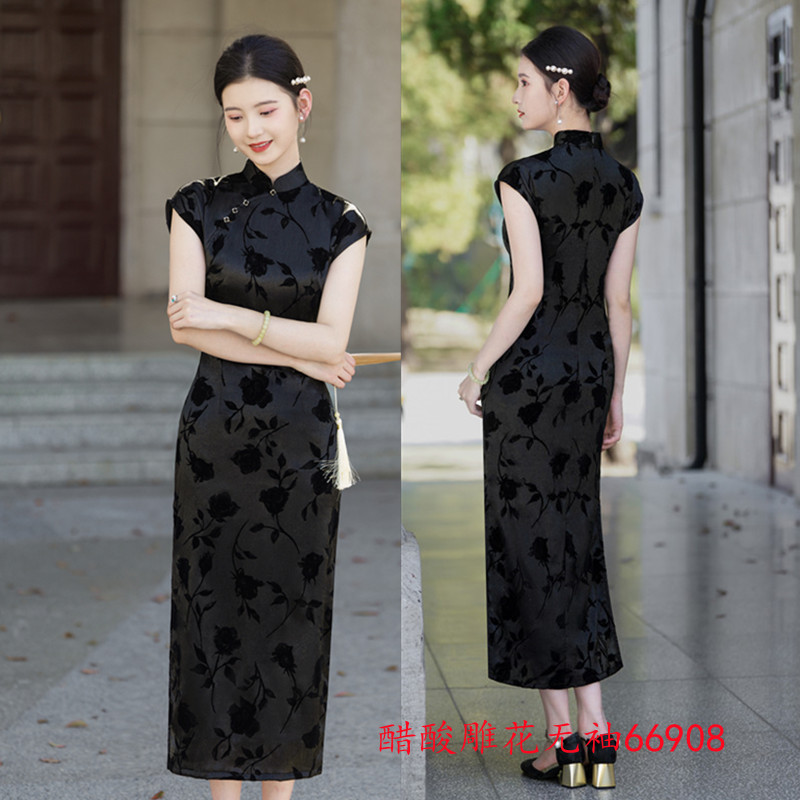 Fashionable long black summer retro cheongsam sleevless