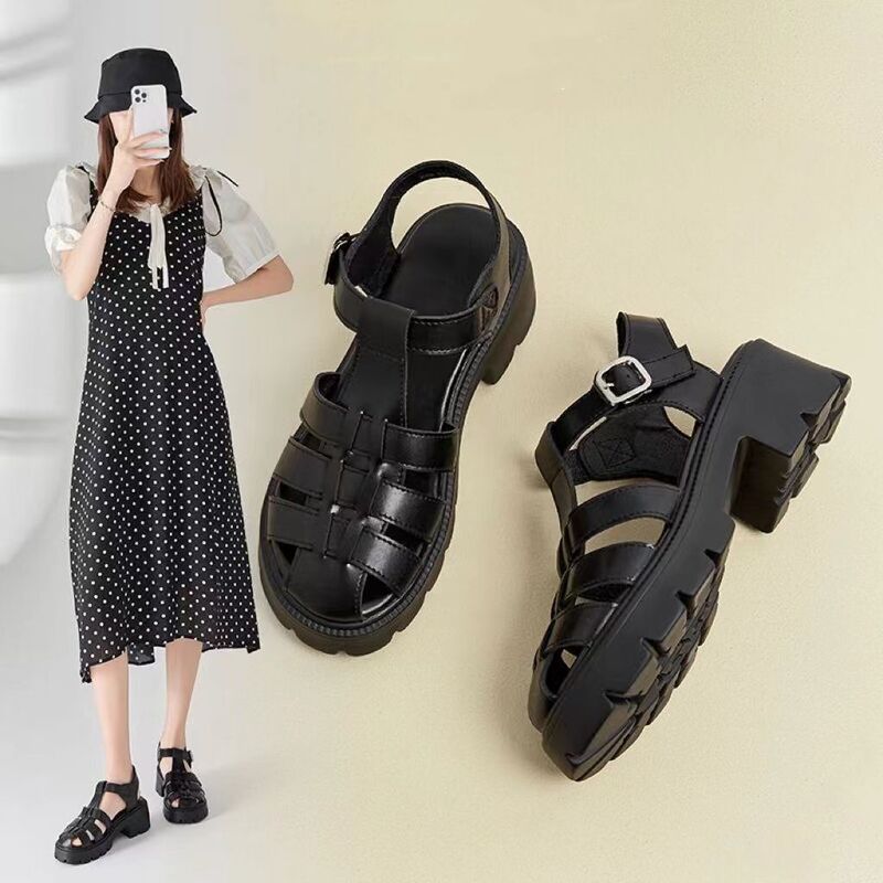 Retro Baotou Roman Sandals Women's High Heels 2025 New Thick-Soled Platform Shoes Spring and Summer Hollow Thick Heel Pig Cage Shoes