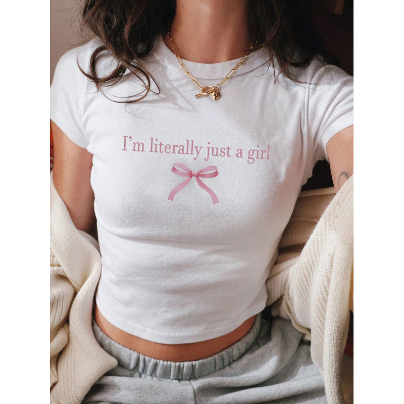 Cross-Border Aliexpress Hot Selling Women's Summer Slogan Bow Detail Knot Printed Round Neck Short-Sleeved Casual T-Shirt Cross-Border Aliexpress Hot Selling Women's Summer Slogan Bow Detail Knot Printed Round Neck Short-Sleeved Casual T-Shirt