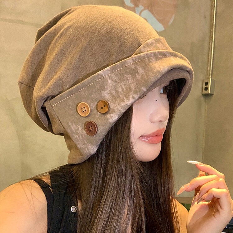 Japanese-Style Vintage Button Slouchy Beanie for Women, Wasteland Style, Niche Versatile Cold Hat, Large Head Circumference, Face-Slimming Turban Hat, Trendy