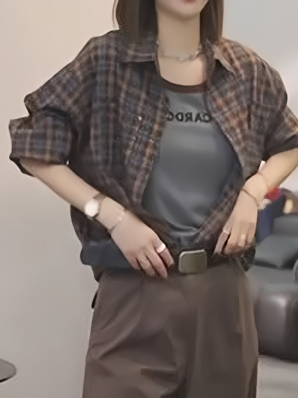 时尚复古高级感格子衬衫女士早秋2025新款气质百搭Polo领长袖衬衣|undefined