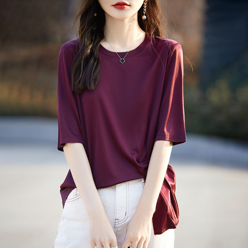 2025 New Summer Acetate T-Shirt Round Neck Loose Cool Draped Shoulder Pleated Top Glossy T-Shirt 2025 New Summer Acetate T-Shirt Round Neck Loose Cool Draped Shoulder Pleated Top Glossy T-Shirt