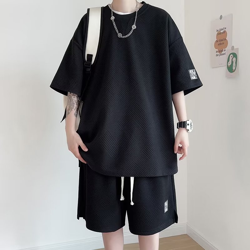 Ice Silk Waffle Short Sleeve T-Shirt Set for Boys And Teenagers Summer Casual Sports Shorts Stylish Outfit Regular Fit Micro-Elastic_viptrois.com