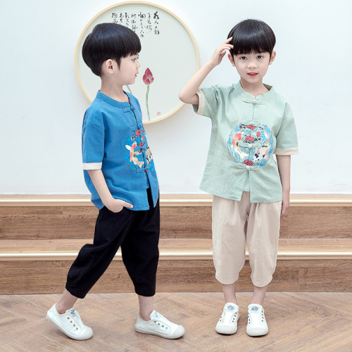 Mandarin Collar Summer Style Traditional Chinese Costume Set for Boys, Baby Cotton and Linen Hanfu, Gentleman's Dress, Ancient Costume for Children's Performance Dress