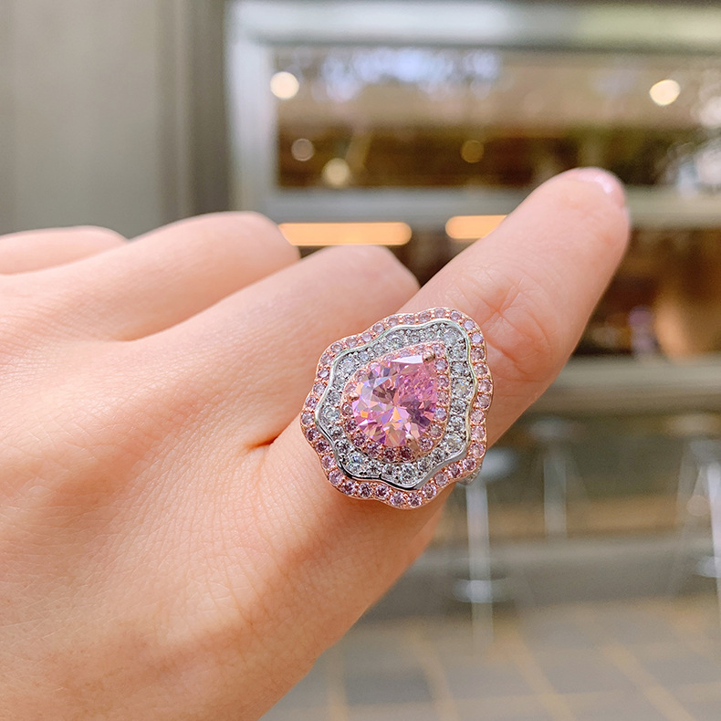 New Pink Diamond with Micro Setting Pear shaped Ring, Colorful Jewelry, Exaggerated Zircon Ring for Women_voghion.com