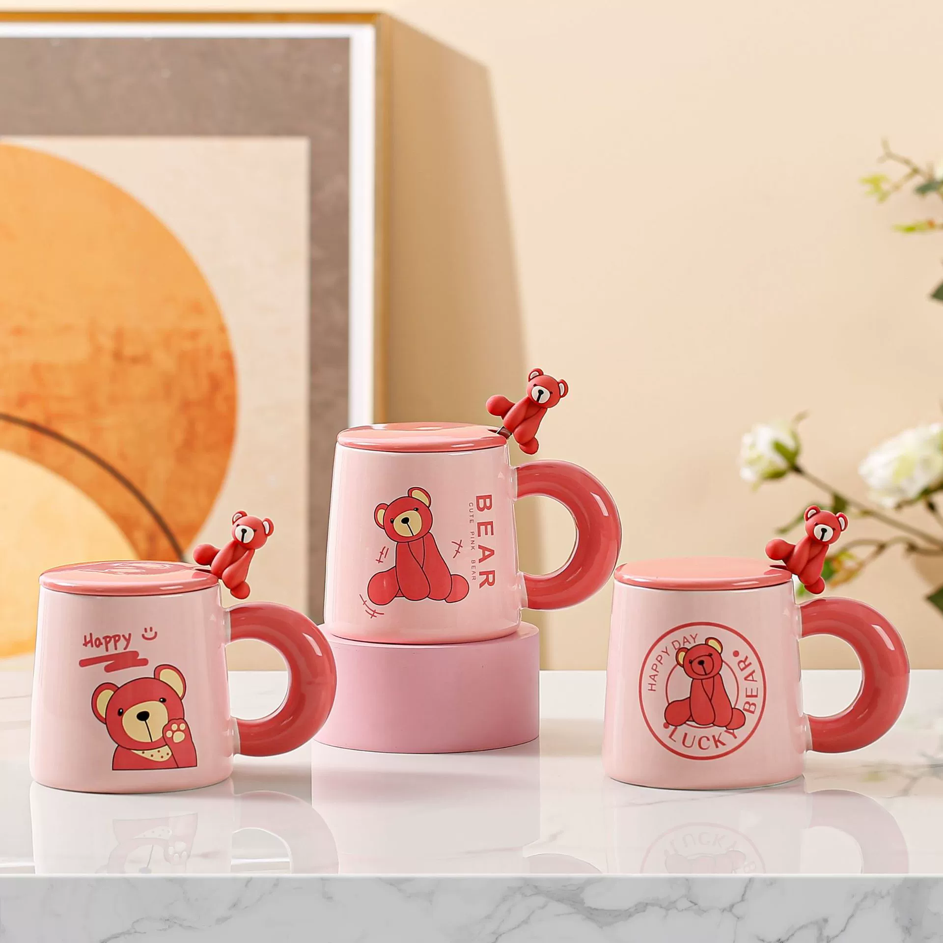 Милая мультяшная медвежья ceramic кружка с крышкой и ложкой, 400 мл, розовый дизайн – офис/домашняя кофейная чашка