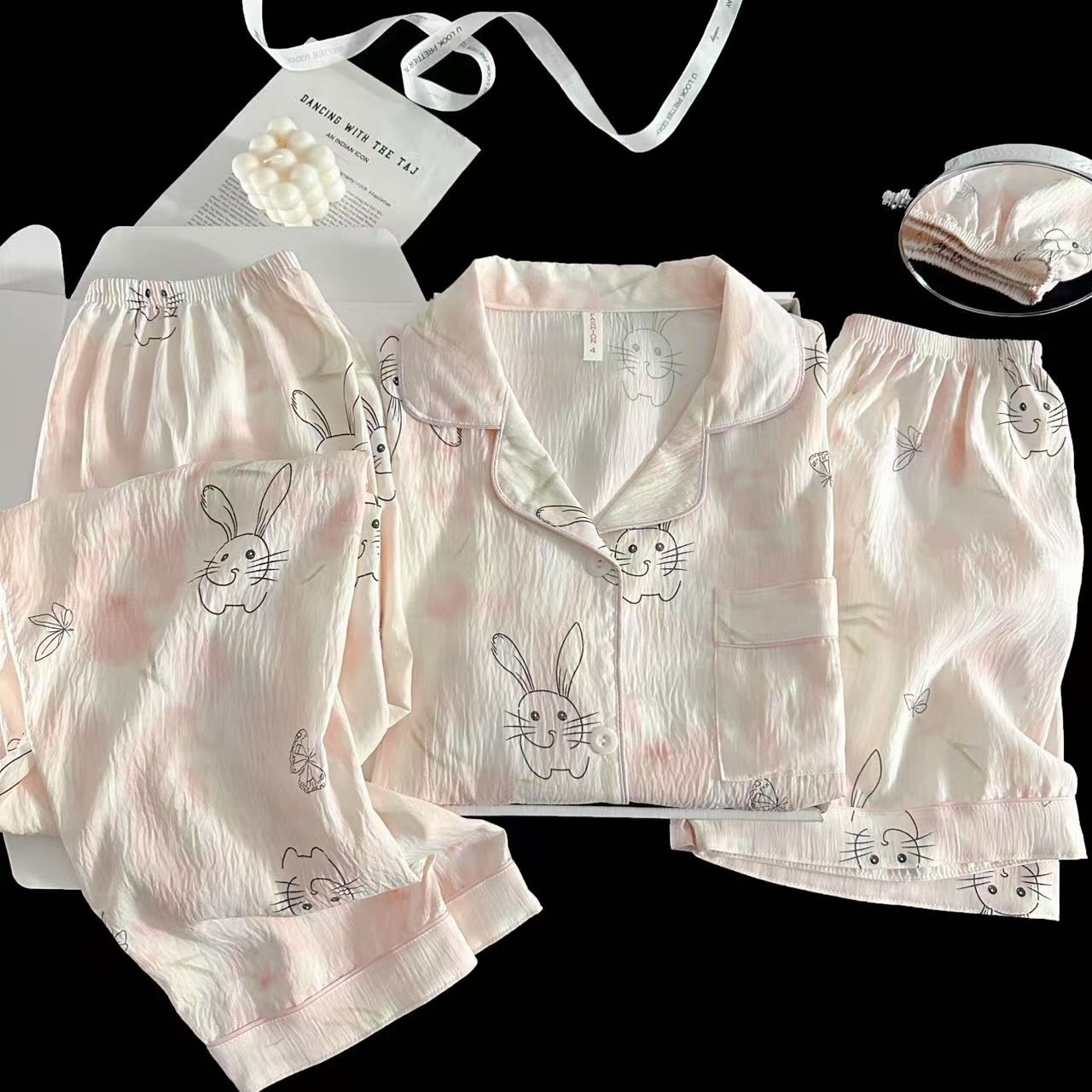 Pijamas de amor dulce de color, pantalones de manga corta de hilo de algodón de nube de verano para mujer, cárdigan de tres piezas, servicio a domicilio