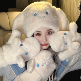 ABOUTHEXX cute little white dog warm ear protection three-piece winter cold-proof face small fashion gloves scarf