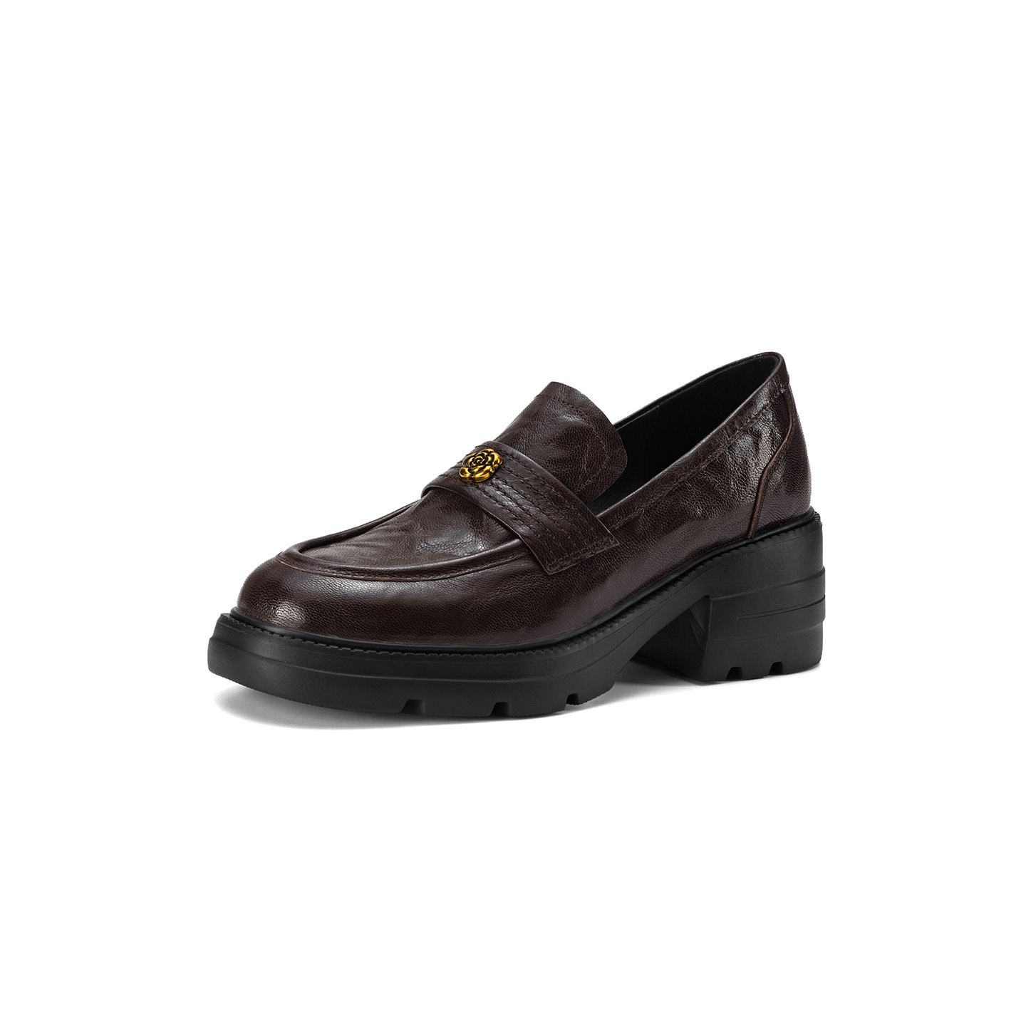 Giày loafer nữ mũi tròn gót vuông dày đế cao 6 cm da cừu — màu nâu chi tiết 30