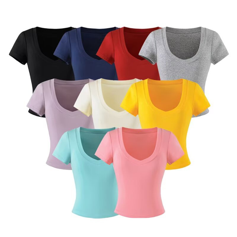 Hot Girl Outfit: V-Neck Waist-Cinching Basic Short-Sleeve T-Shirt for Women, Summer Elastic Slim-Fit Waist-Accentuating Slimming Top Hot Girl Outfit: V-Neck Waist-Cinching Basic Short-Sleeve T-Shirt for Women, Summer Elastic Slim-Fit Waist-Accentuating Slimming Top