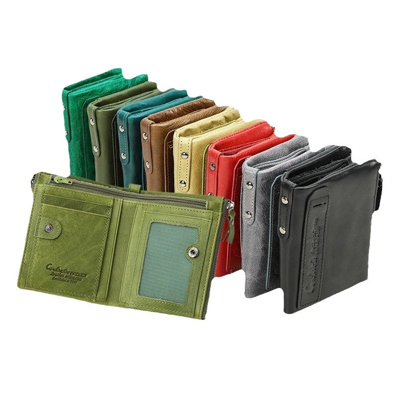 Anti-magnetic short fashionable leather wallet with zipper, genuine leather, cowhide, (Cross-border trading)
