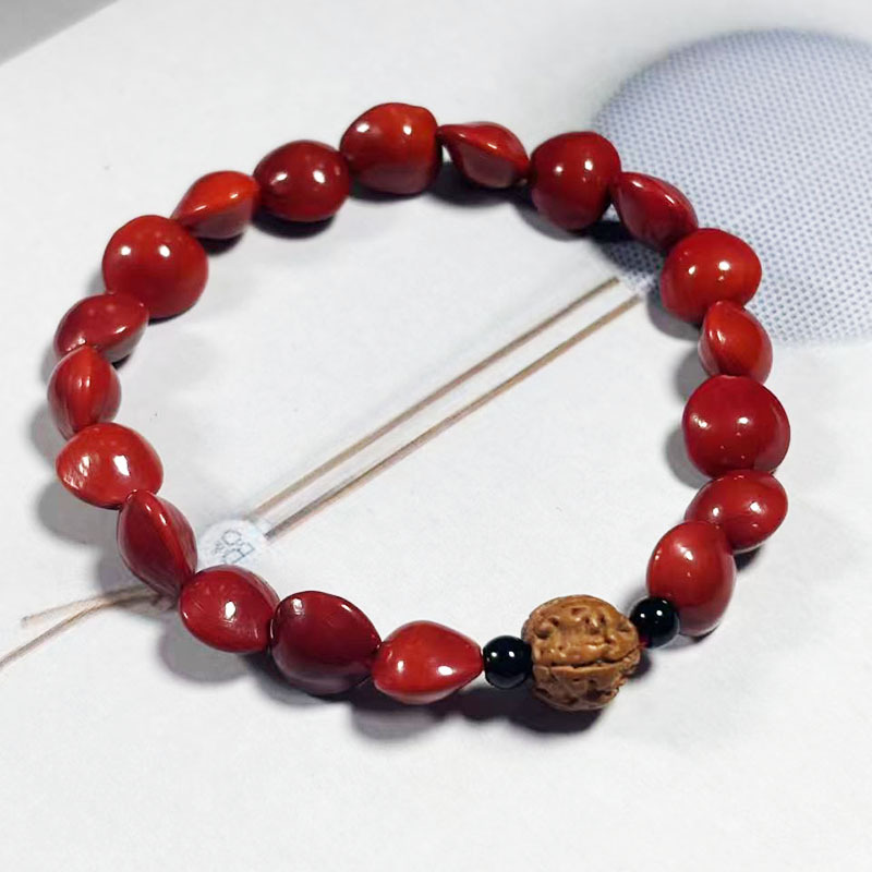 New Style Red Bean Bracelet with Vajra Bodhi Beads, Single-Circle Bracelet, Ethnic Style, Unisex Couple Bracelet, Temple Fair Jewelry