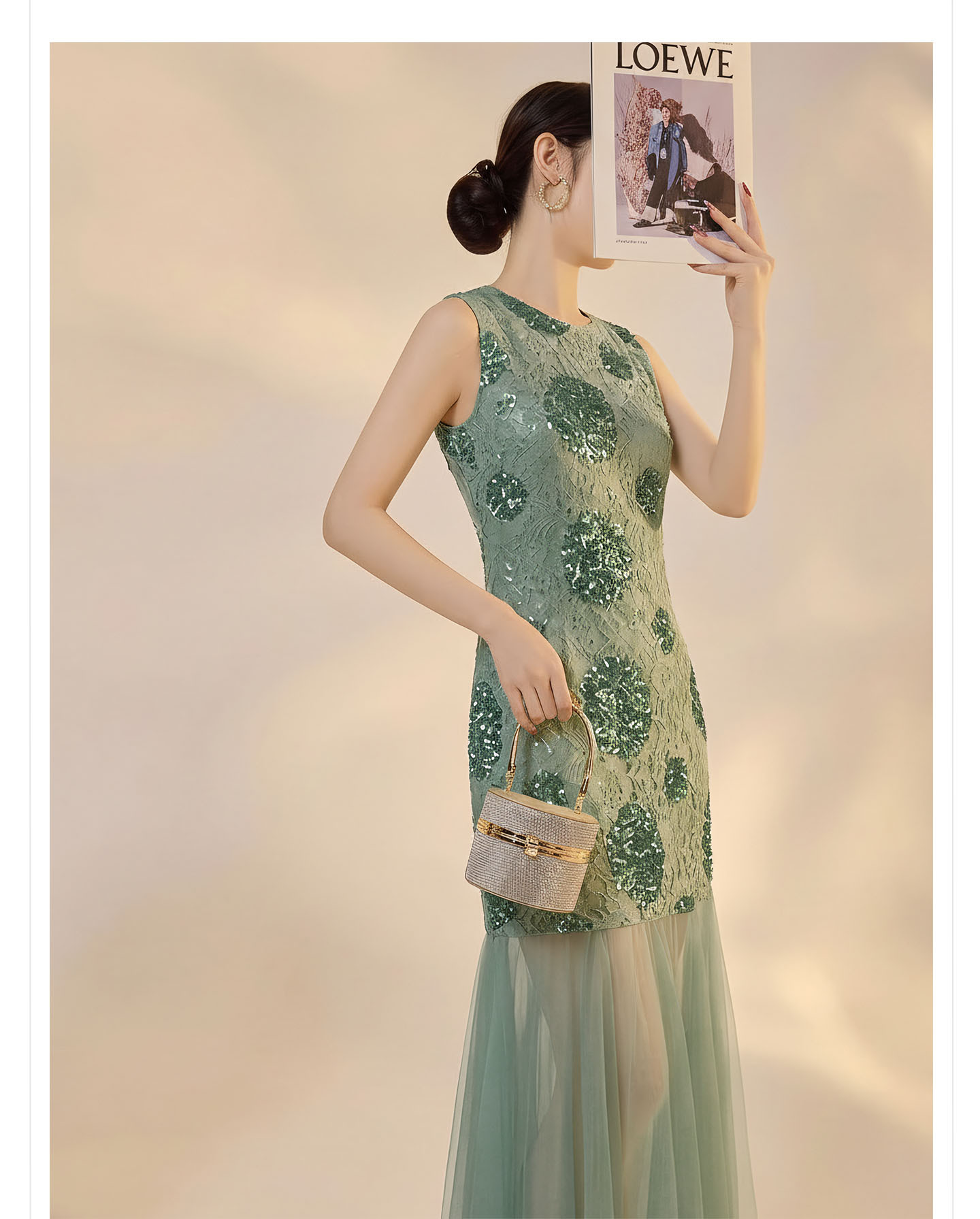 Váy maxi không tay họa tiết hoa nhỏ phối sequin lấp lánh phong cách tân Trung Hoa — Xanh lá cây nhạtcolor chi tiết 6