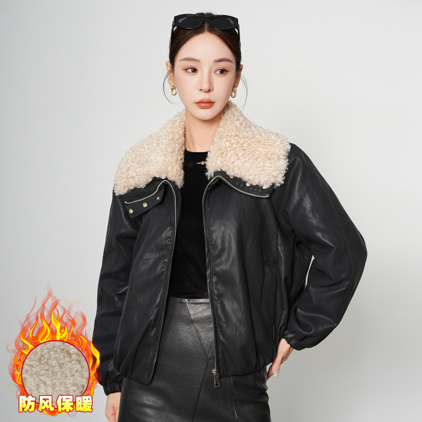Korean Style Loose Goatskin Short Jacket for Women 2025 Winter New Fashionable Lapel Fleece-Lined Haining Motorcycle Leather Jacket