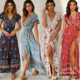 Printed Tie Waist Flowy Swing Dress 印花系带大裙摆显瘦连衣裙