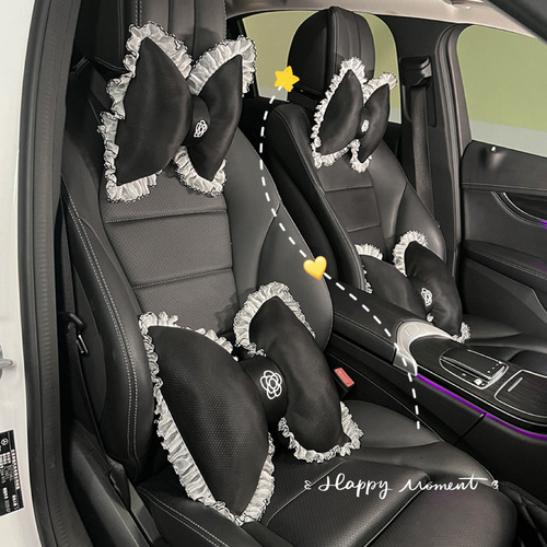 All Seasons Camellia Bow Lace Car Headrest Lumbar Car Plush Cushion Neck Pillow Car