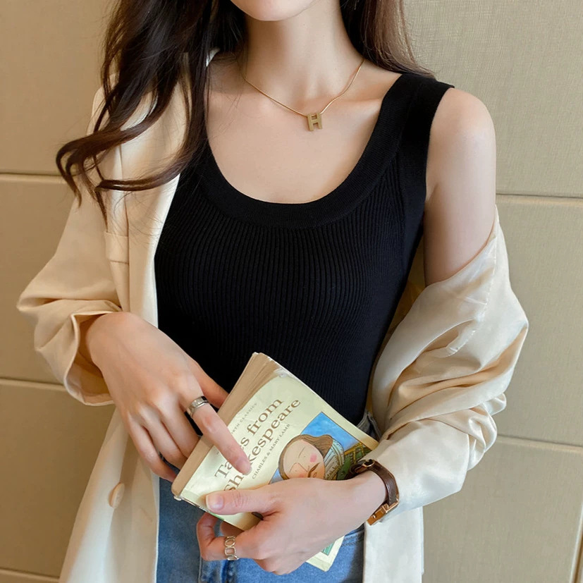 Áo hai dây nữ dệt kim phối sọc đen trắng — đen chi tiết 2