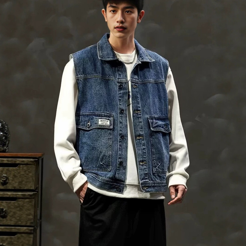 2026 Cross-Border Foreign Trade Summer New Denim Vest Men's Slim Fit Sleeveless Workwear Lapel Jacket
