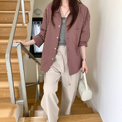 miu系红色格子衬衫女秋季薇颂女装2025新款韩版宽松长袖衬衣上衣