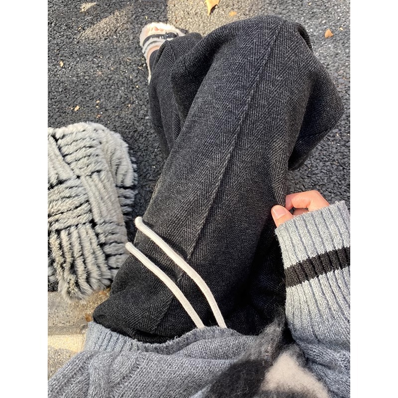 Pantalones de piernas anchas más gruesas para mujeres otoño y invierno de 2024 nuevos pantalones de cintura alta, pantalones casuales, pantalones rectos de lana a herringbone