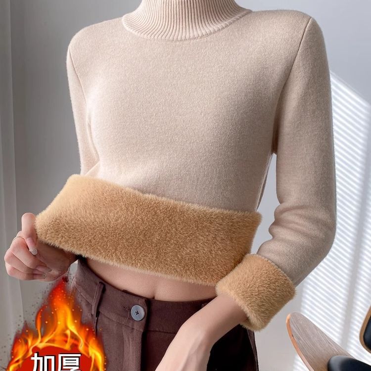 Women's half turtleneck sweater fleece-lined thickened autumn and winter inner wear plus size loose warm top bottoming sweater New