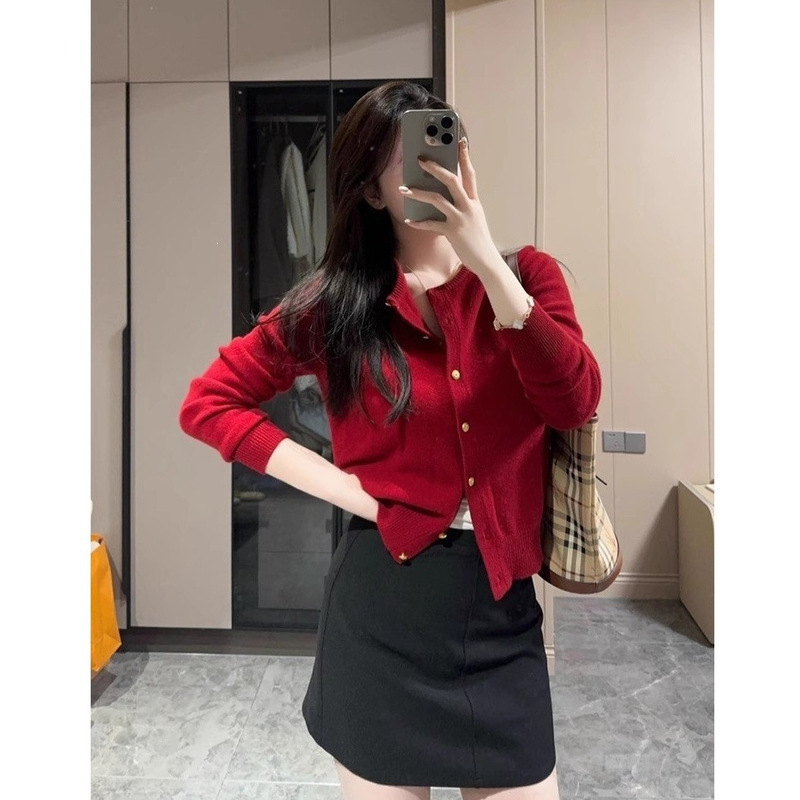 Ankora red Korean-style French retro wool thickened cardigan sweater coat for women, autumn and winter, petite knit top Ankora red Korean-style French retro wool thickened cardigan sweater coat for women, autumn and winter, petite knit top